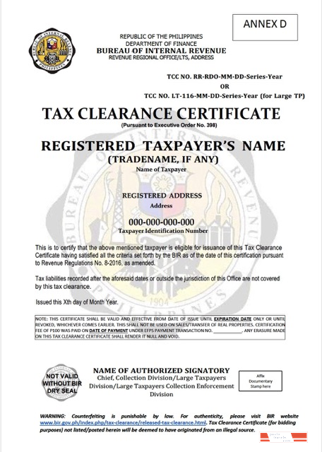 Philippines tax clearance certificate Word and PDF template